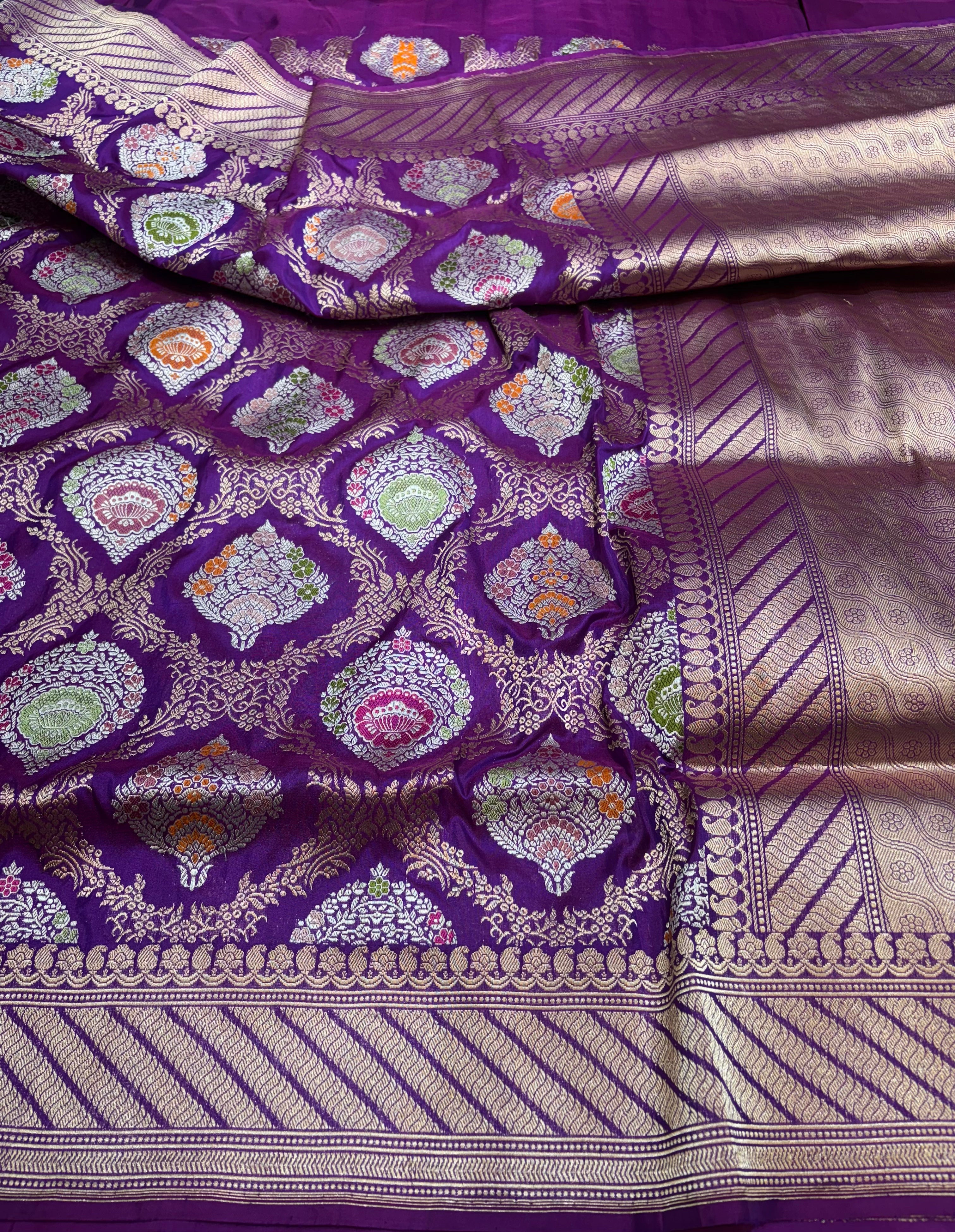 Pure Katan Jungla in Tilfi Upleheriya Design with Gold Zari and Silver Zari in Motifs Saree