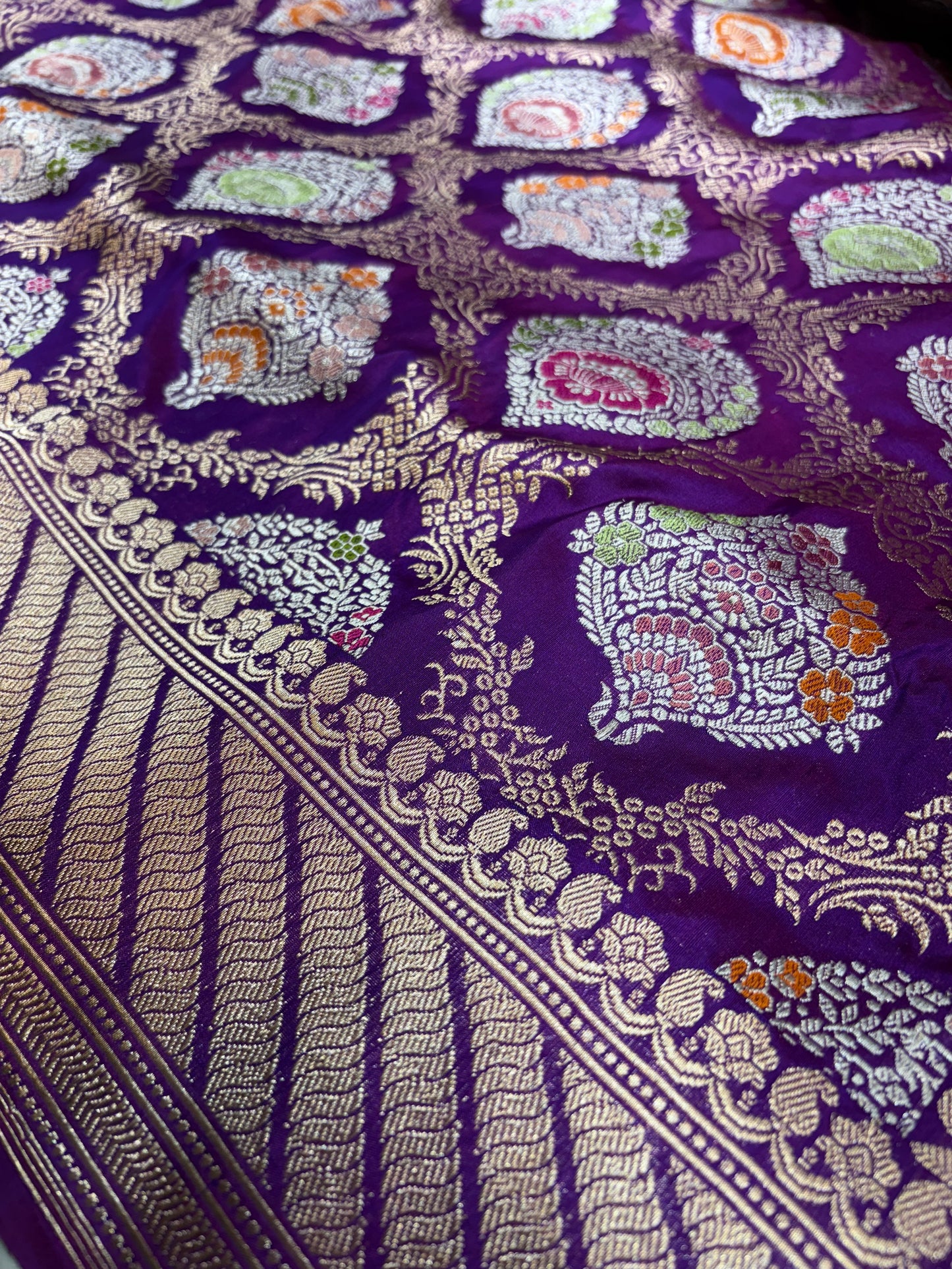 Pure Katan Jungla in Tilfi Upleheriya Design with Gold Zari and Silver Zari in Motifs Saree