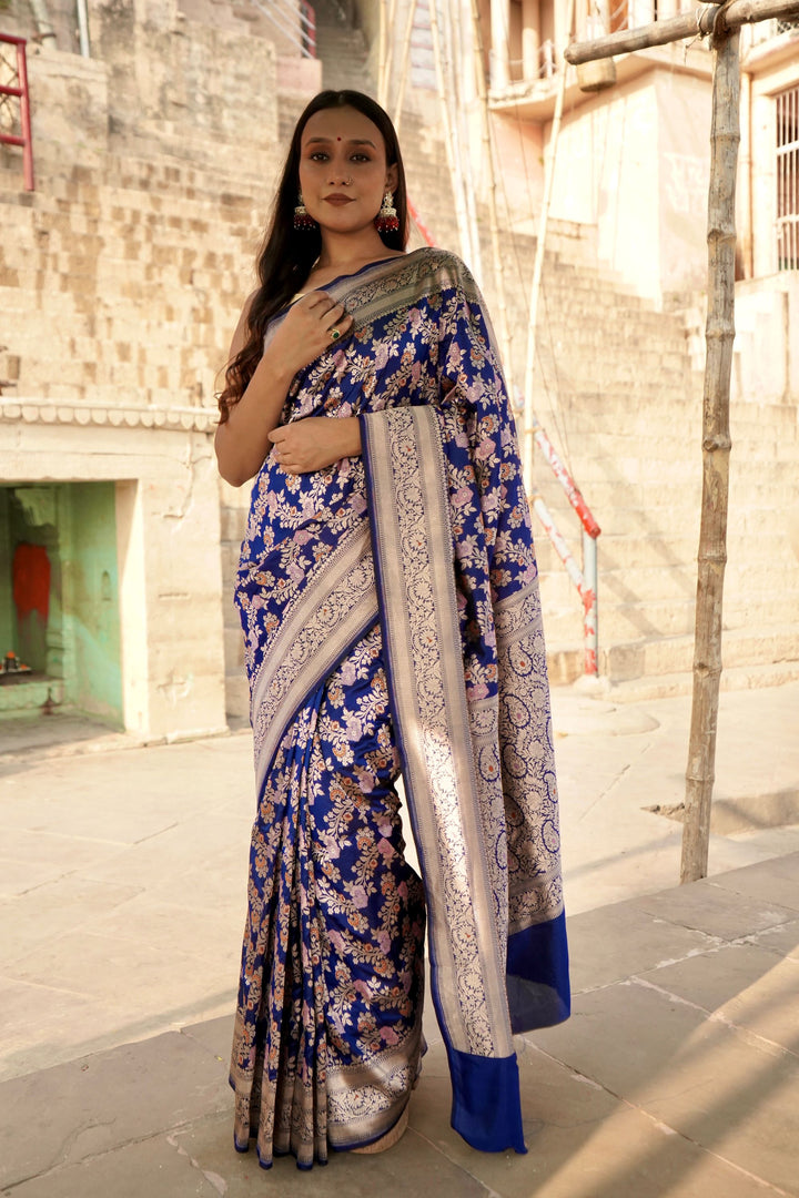 Royal Blue Pure Katan Tilfi Minakari Jangla Saree