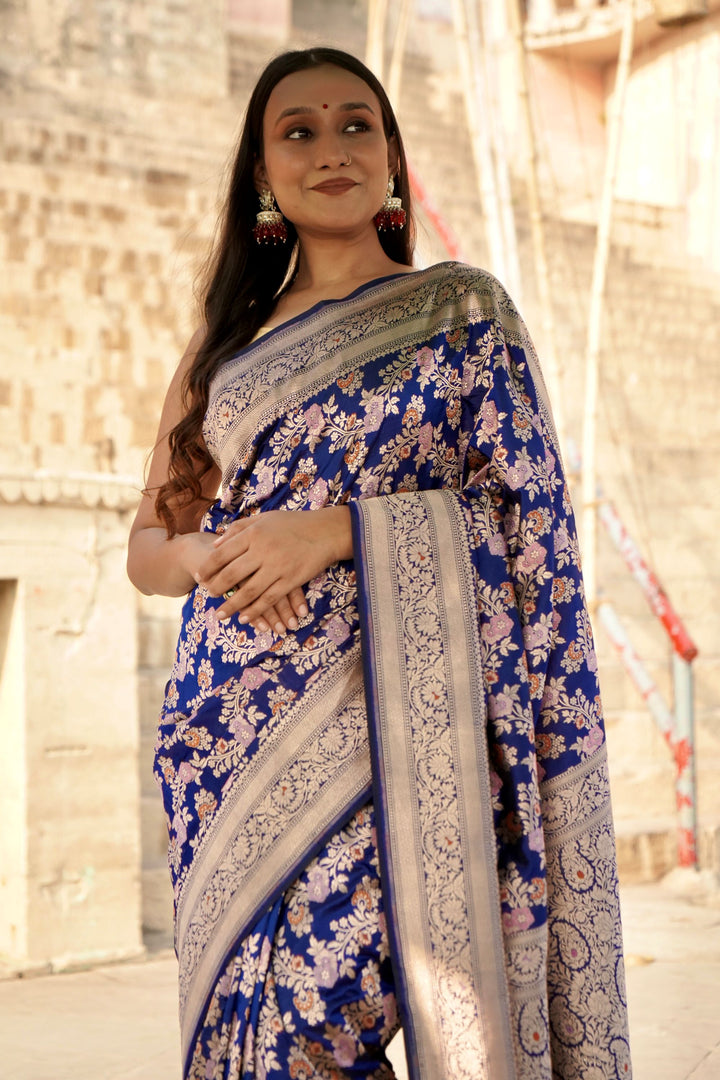 Royal Blue Pure Katan Tilfi Minakari Jangla Saree