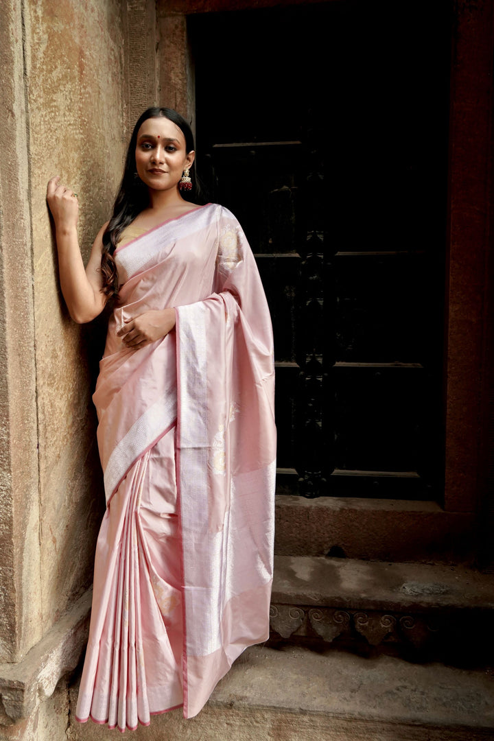 Pure Ektara Katan in Soft Powder Pink Colour with Kadhwa Sona Rupa Motifs Saree
