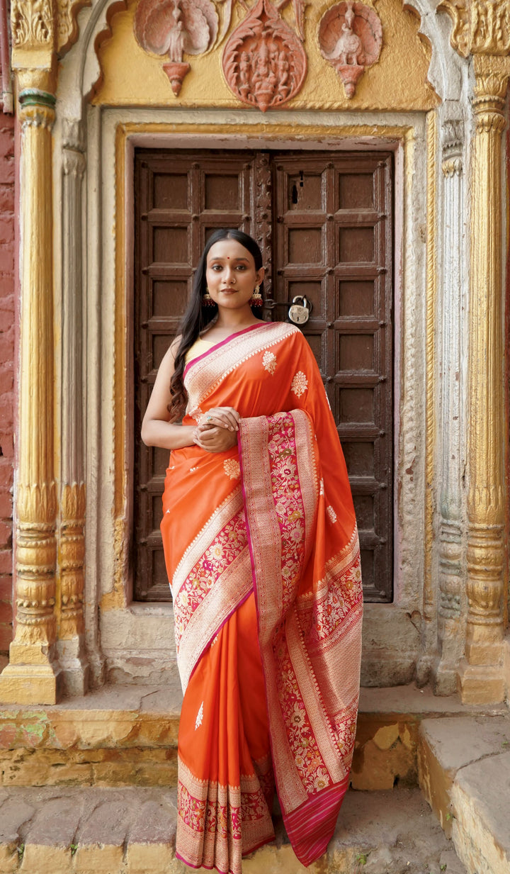 Pure Katan Contrast Border with Tilfi Minakari Border in Kadhwa Motifs Saree