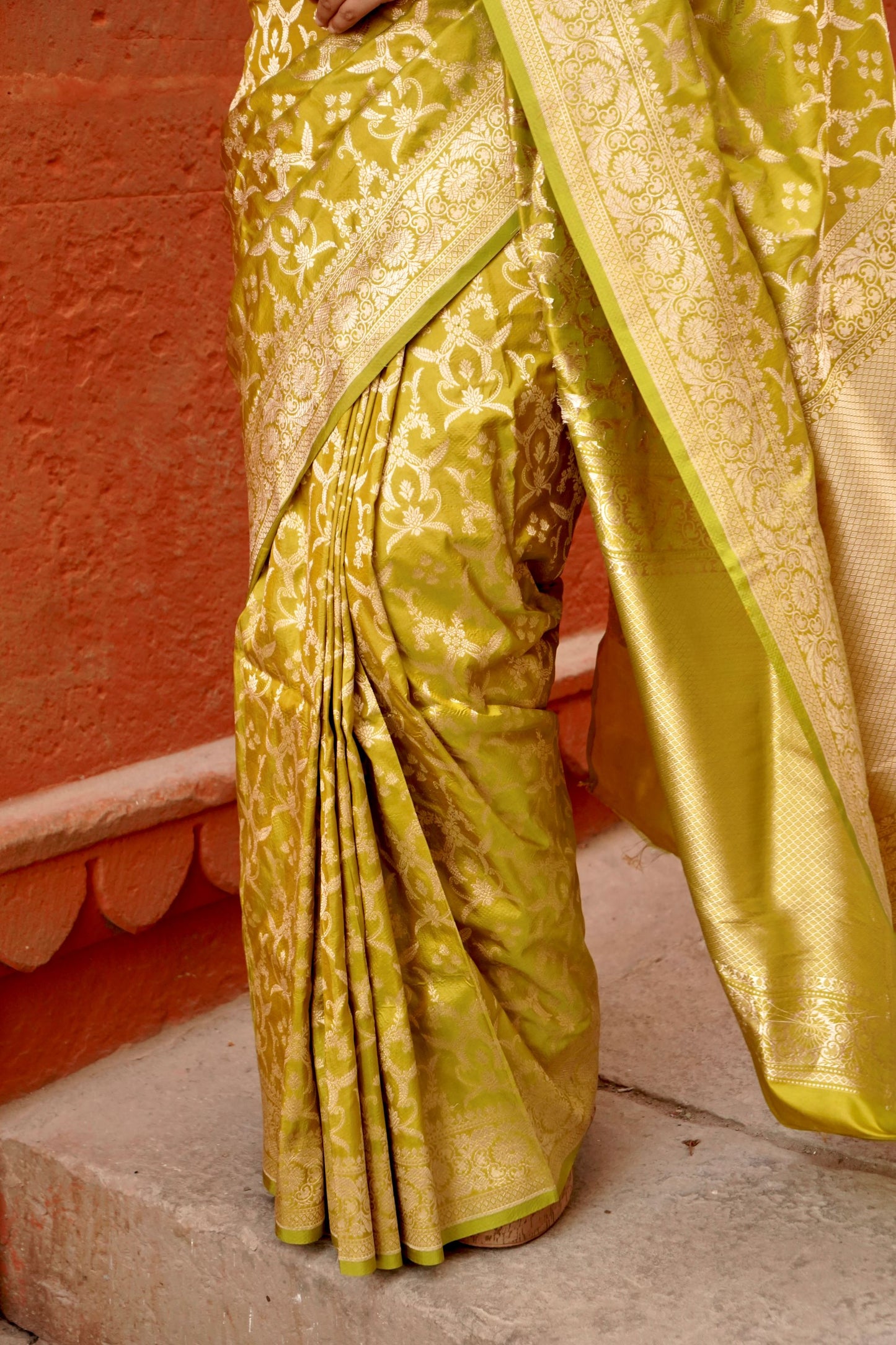 Pure Katan Jangla Allover Gold Zari Jaal Saree