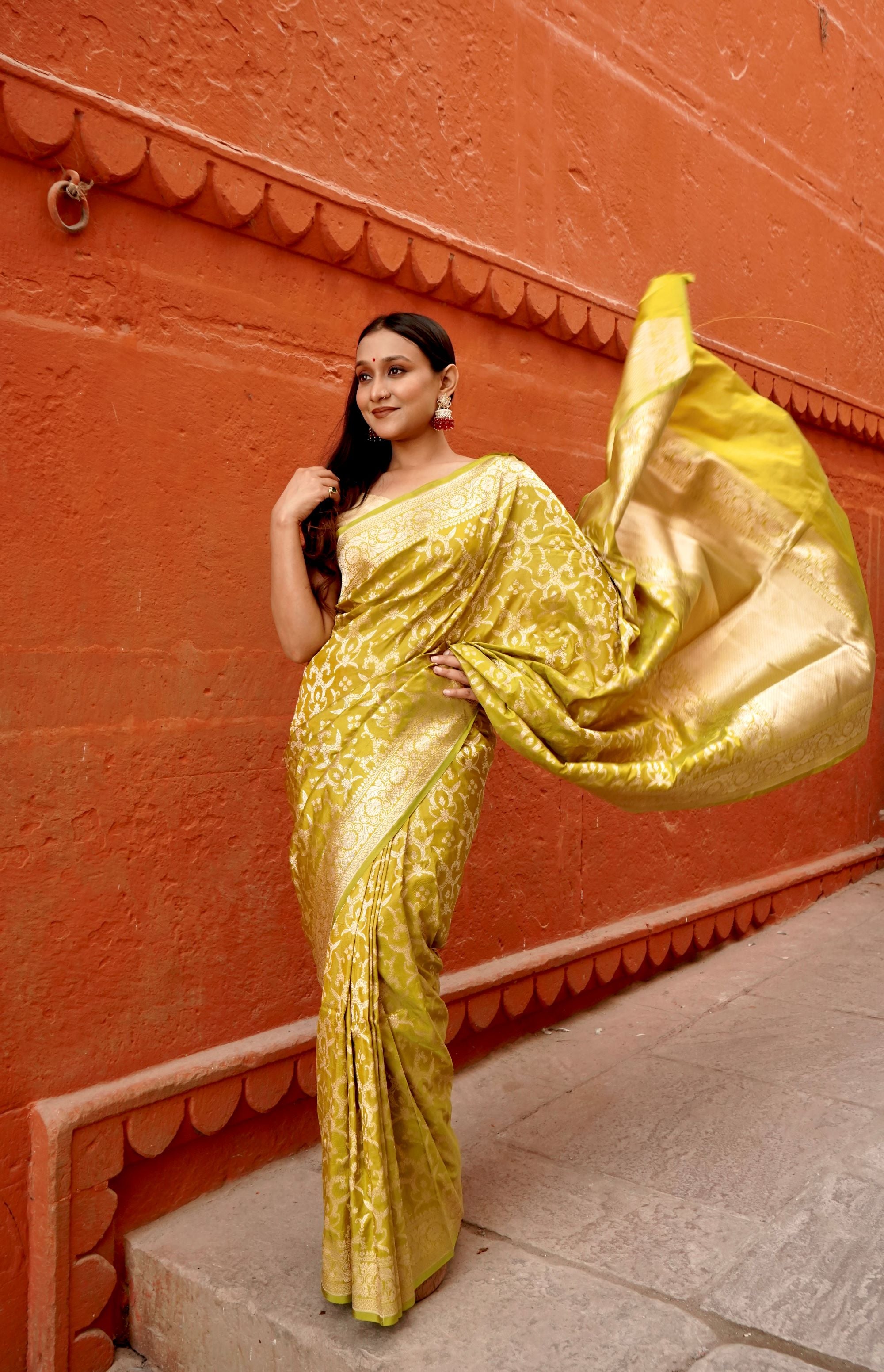 Pure Katan Jangla Allover Gold Zari Jaal Saree