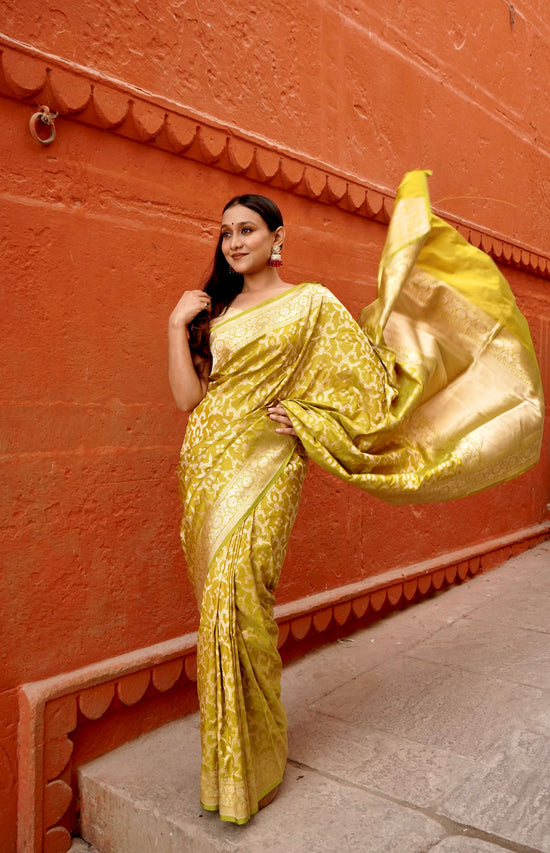 Pure Katan Jangla Allover Gold Zari Jaal Saree