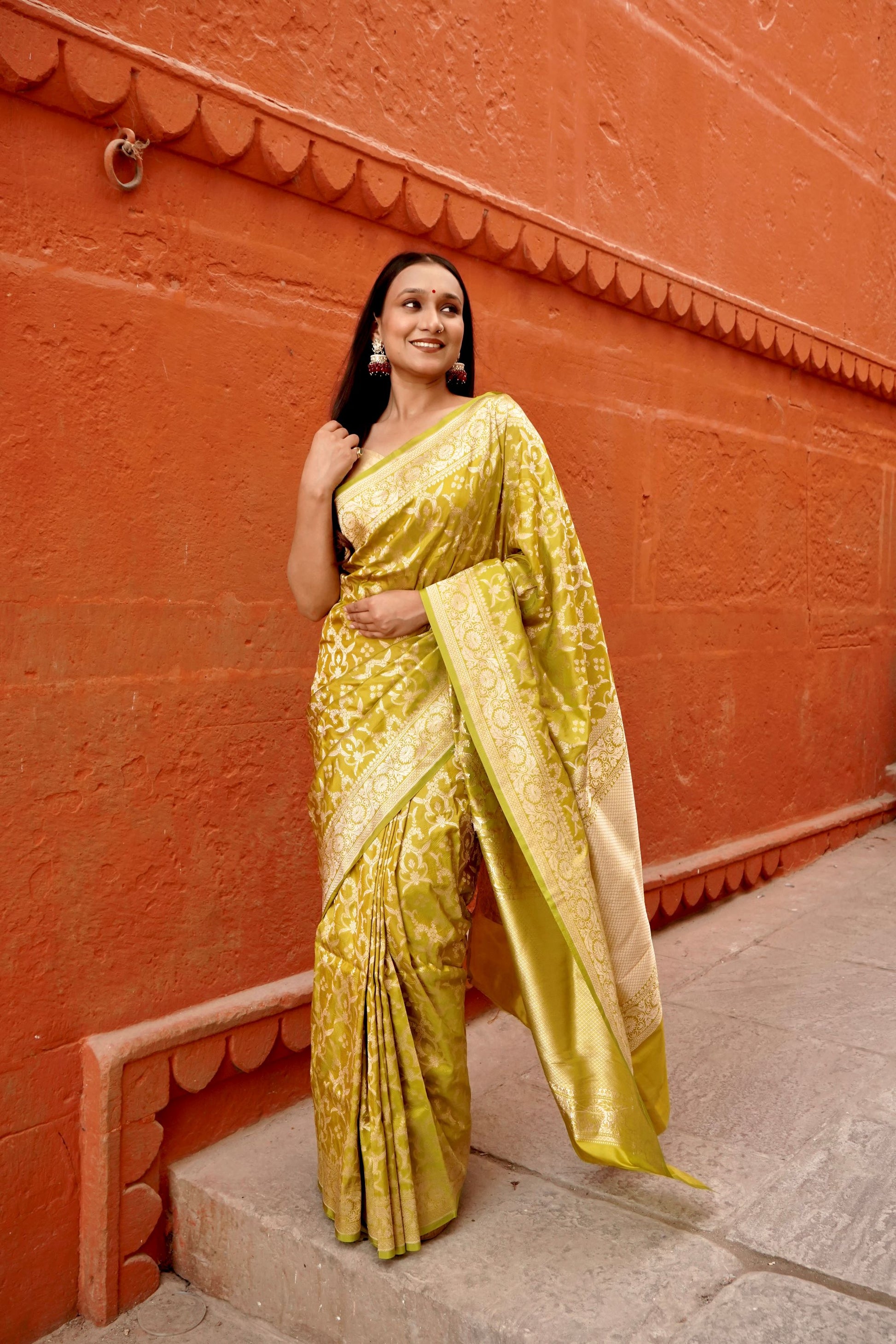 Pure Katan Jangla Allover Gold Zari Jaal Saree