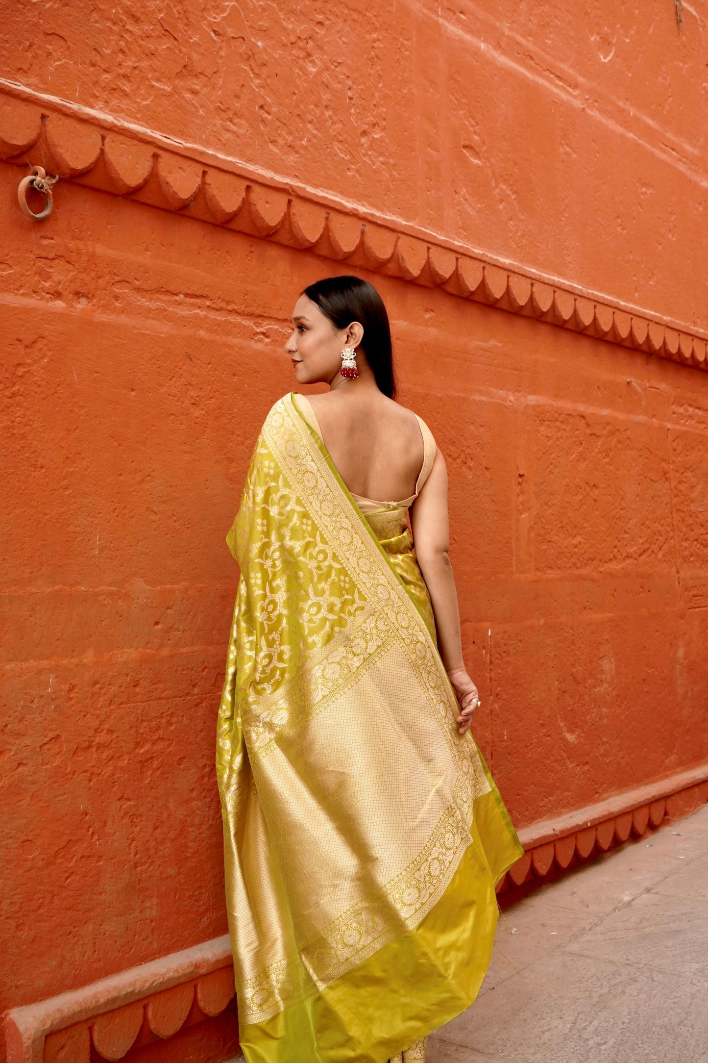 Pure Katan Jangla Allover Gold Zari Jaal Saree
