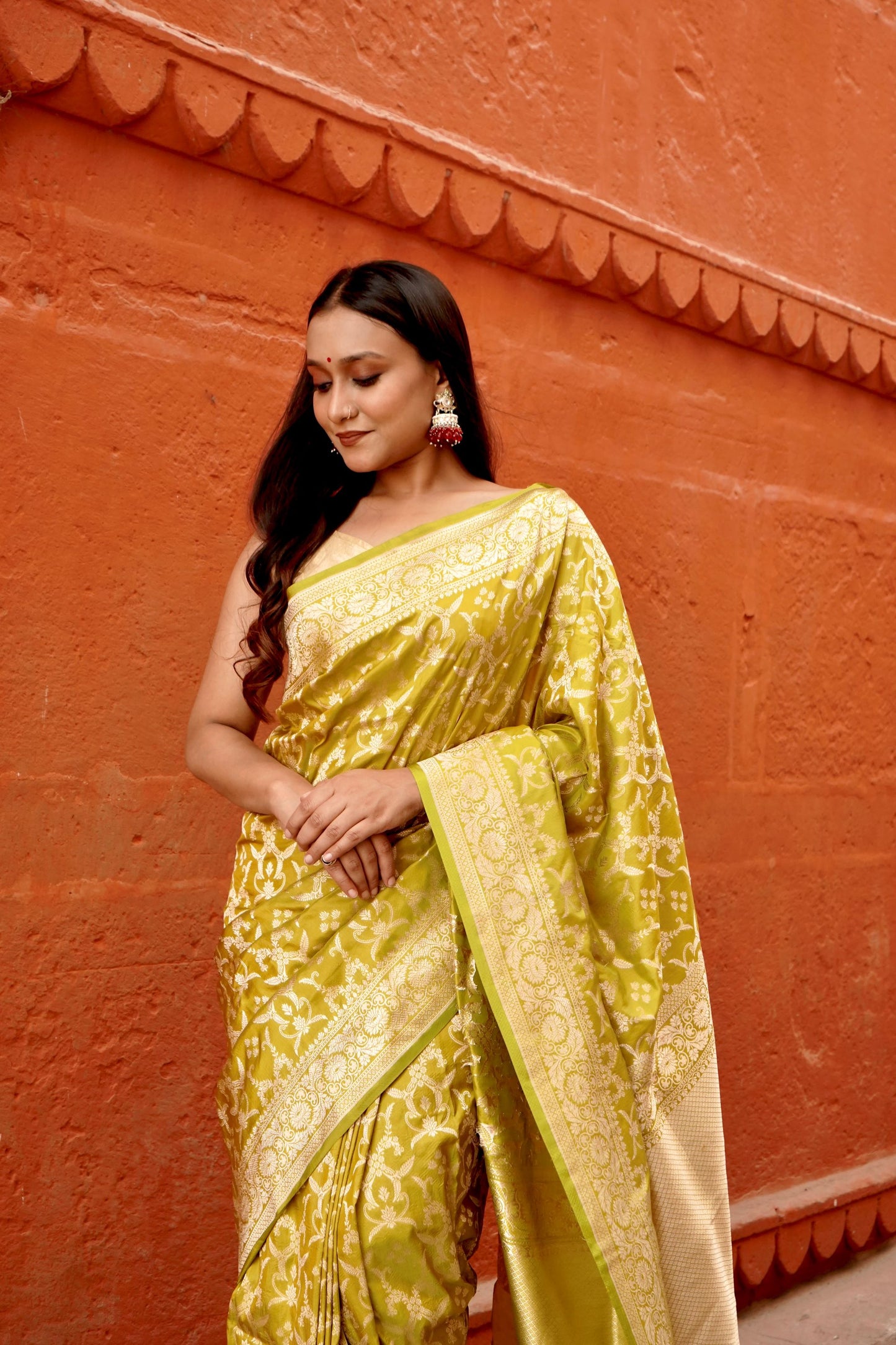 Pure Katan Jangla Allover Gold Zari Jaal Saree