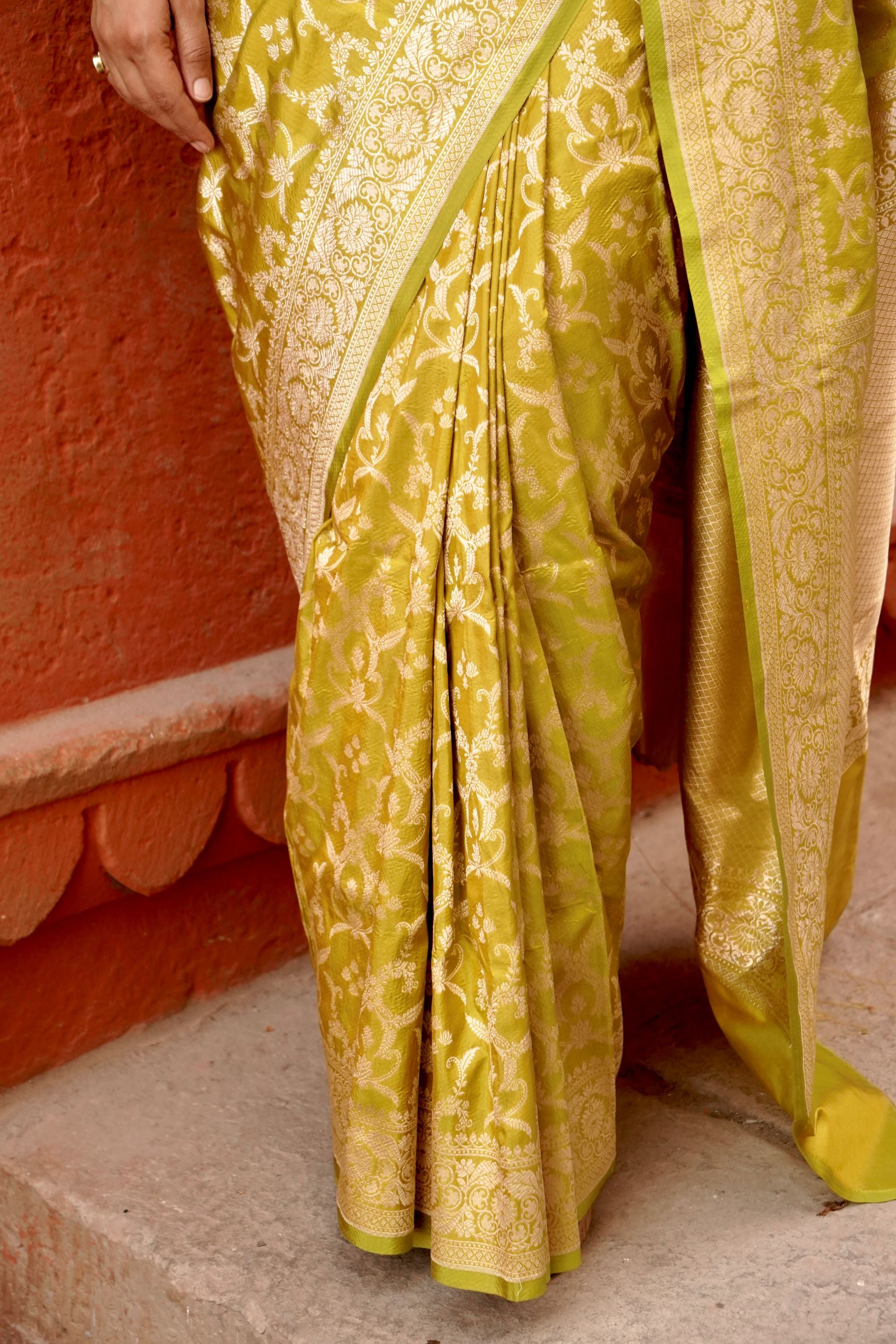 Pure Katan Jangla Allover Gold Zari Jaal Saree
