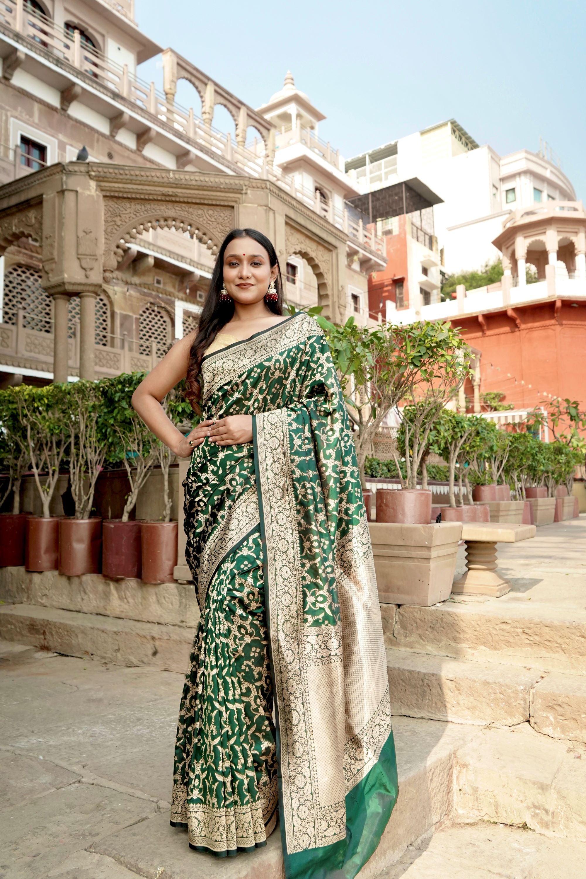 Bottle Green Pure Katan Jangla Allover Gold Zari Jaal
