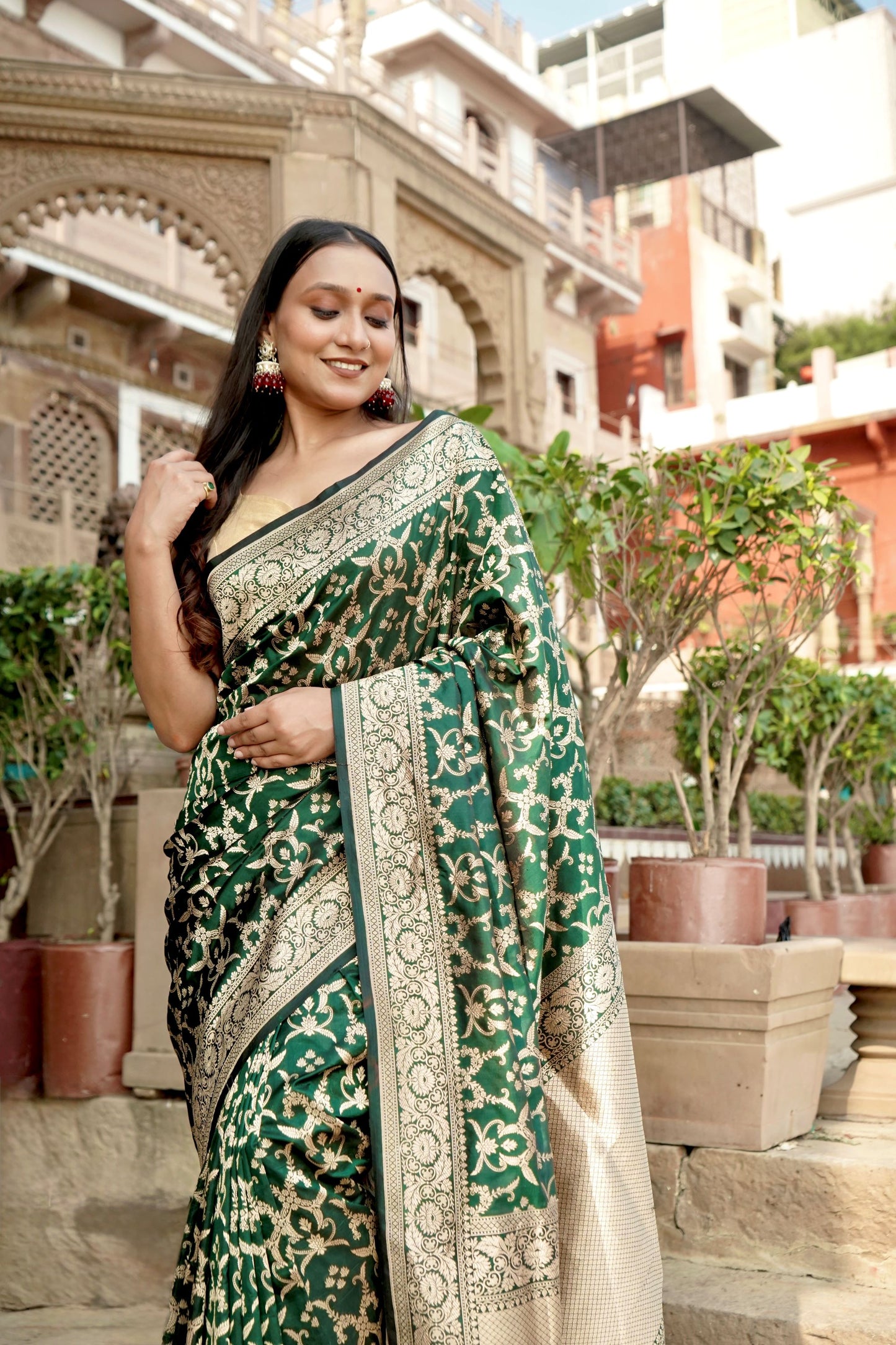 Bottle Green Pure Katan Jangla Allover Gold Zari Jaal