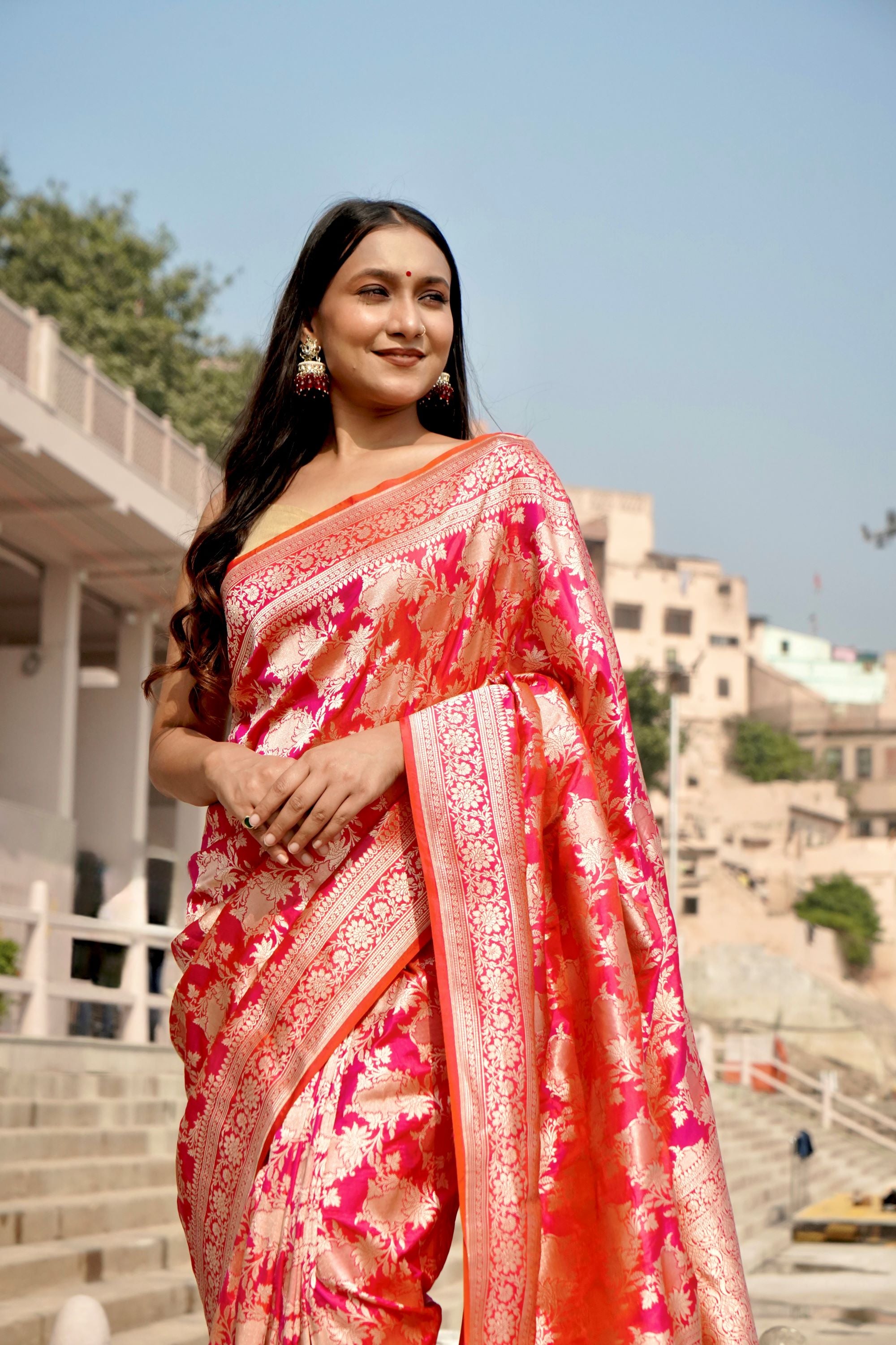 Pure Katan Jangla Allover Gold Zari Jaal with Tissue Work in Motifs Saree