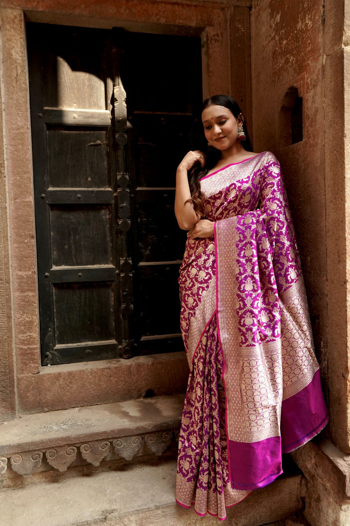 Pure Katan Jangla Allover Gold Zari Jaal Saree