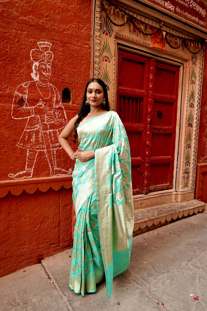 Pure Katan Jangla Allover Gold Zari Jaal with Soft Powder Blue Colour with Tilfi Minakari Work Saree