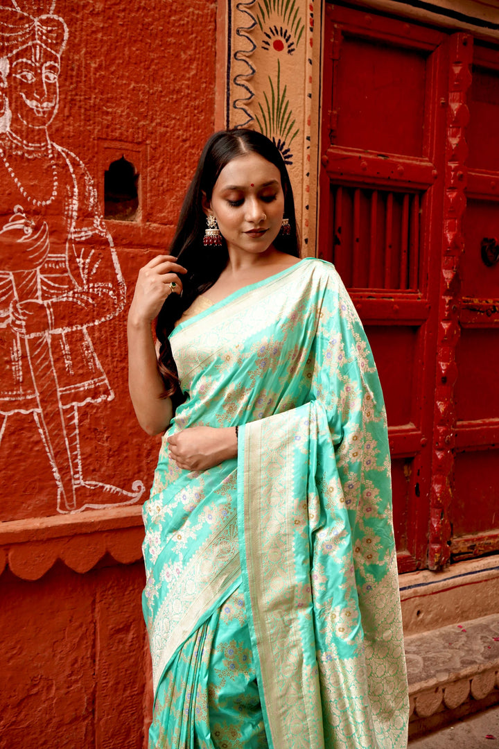 Pure Katan Jangla Allover Gold Zari Jaal with Soft Powder Blue Colour with Tilfi Minakari Work Saree