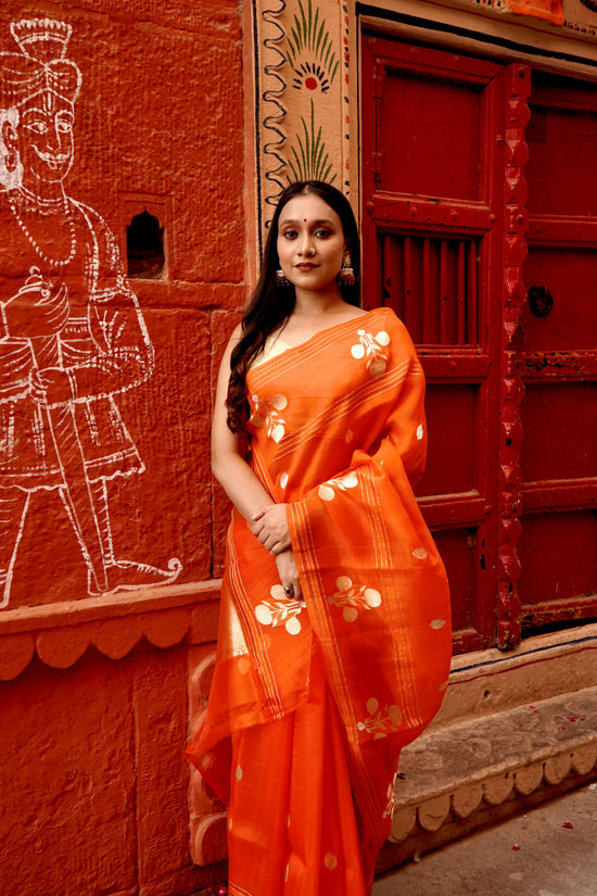 Pure Kora Designer Silk in Sona Rupa Boota Made with Kadhwa Technique