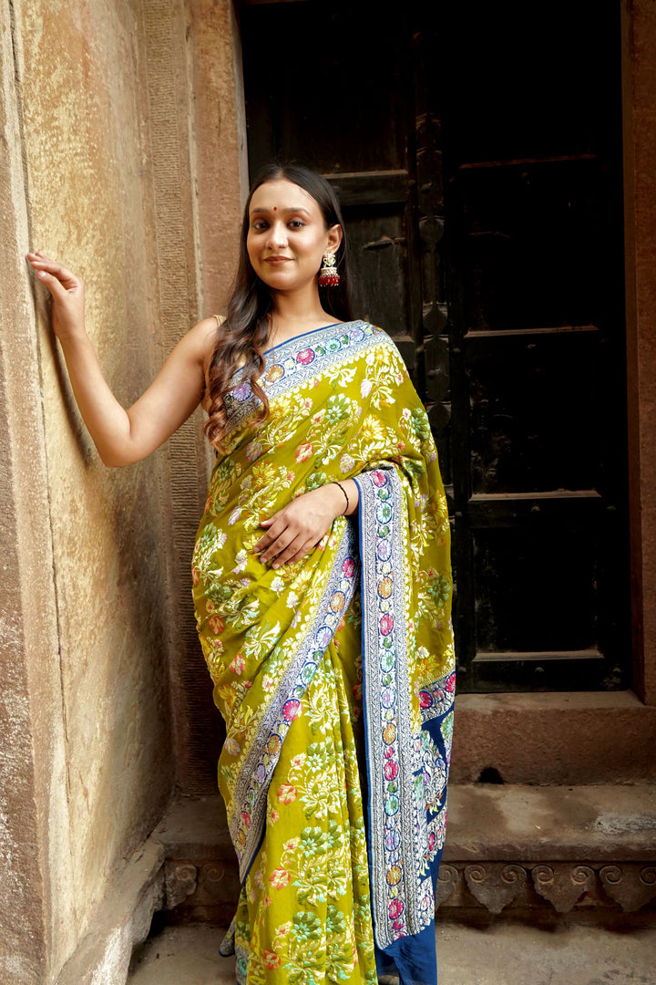 Pure Khaddi Georgette Tilfi Weaved Minakari Banarasi Silk Saree