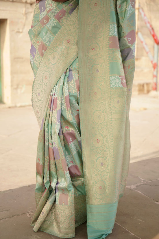 Pure Ektaara Katan Silk Rangkaat Banarasi Saree Weaved with Kadhwa Technique in Pastel Shades