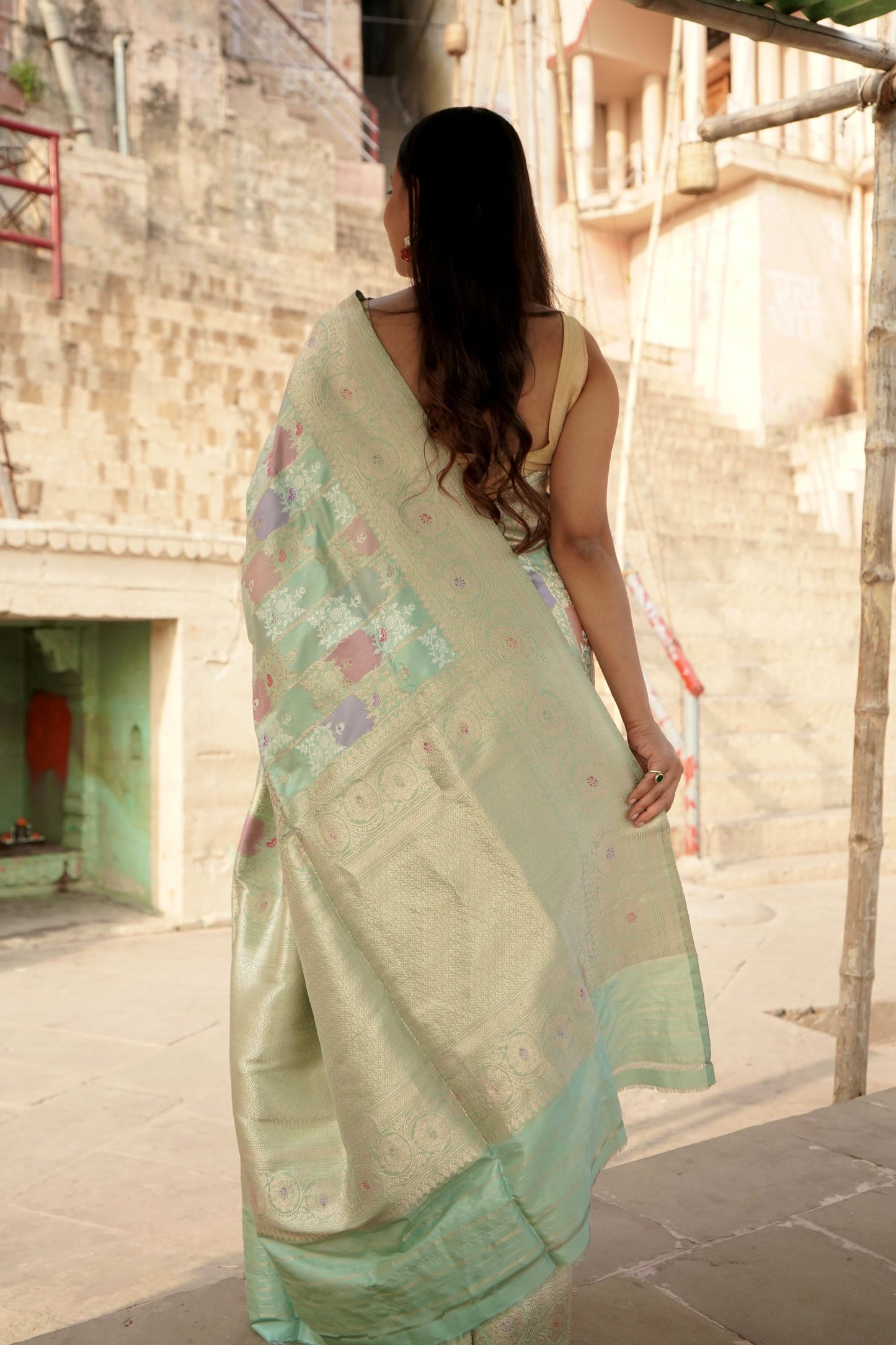 Pure Ektaara Katan Silk Rangkaat Banarasi Saree Weaved with Kadhwa Technique in Pastel Shades