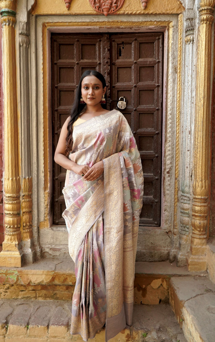Pure Ektara Tissue Katan Silk Rangkaat Weaved with Kadhua Technique in Pastel Shades