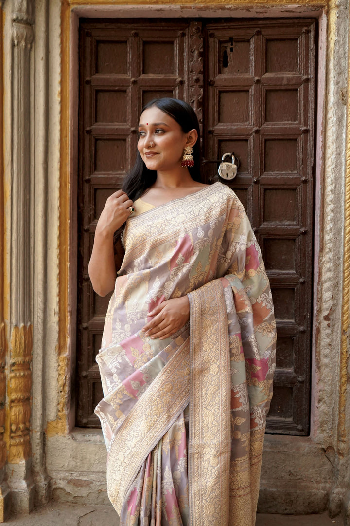 Pure Ektara Tissue Katan Silk Rangkaat Weaved with Kadhua Technique in Pastel Shades