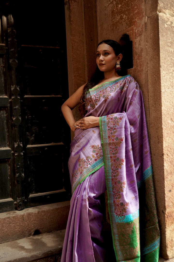 Lavender Raw Silk Zari Mina Border Anchal Antique Zari Boota Saree