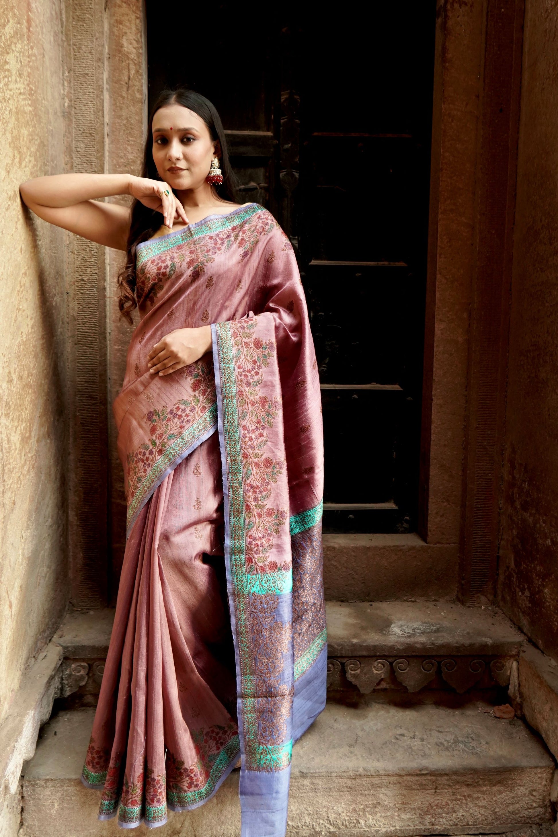 Lavender & Pink Raw Silk Open Zari Mina Border Anchal Antique Zari Boota Saree
