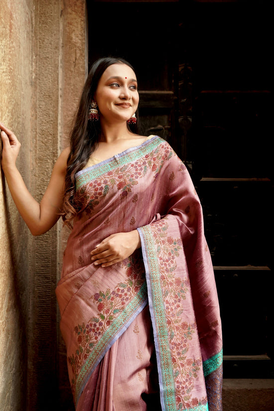 Lavender & Pink Raw Silk Open Zari Mina Border Anchal Antique Zari Boota Saree