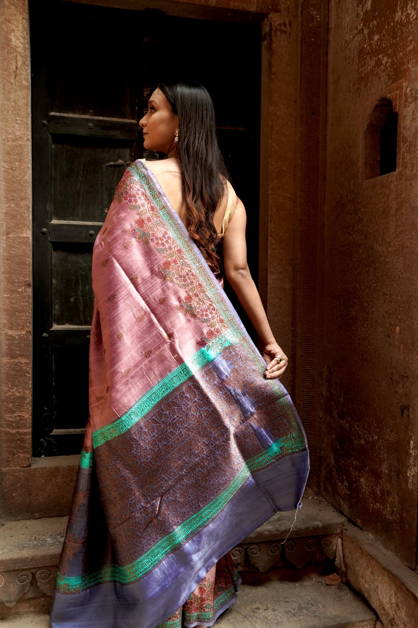 Lavender & Pink Raw Silk Open Zari Mina Border Anchal Antique Zari Boota Saree