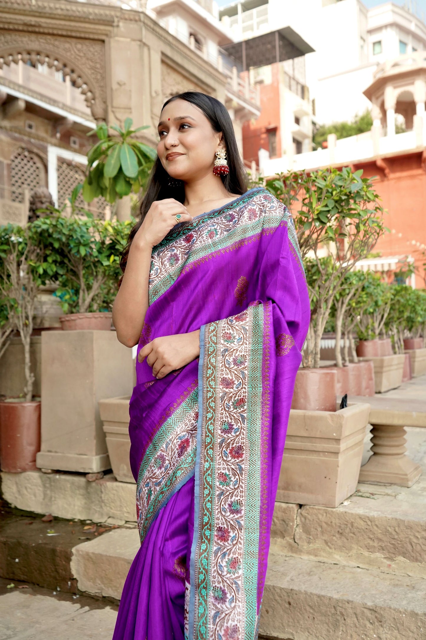 Purple Contrast Raw Silk Zari Mina Border Anchal Antique Zari Boota Saree