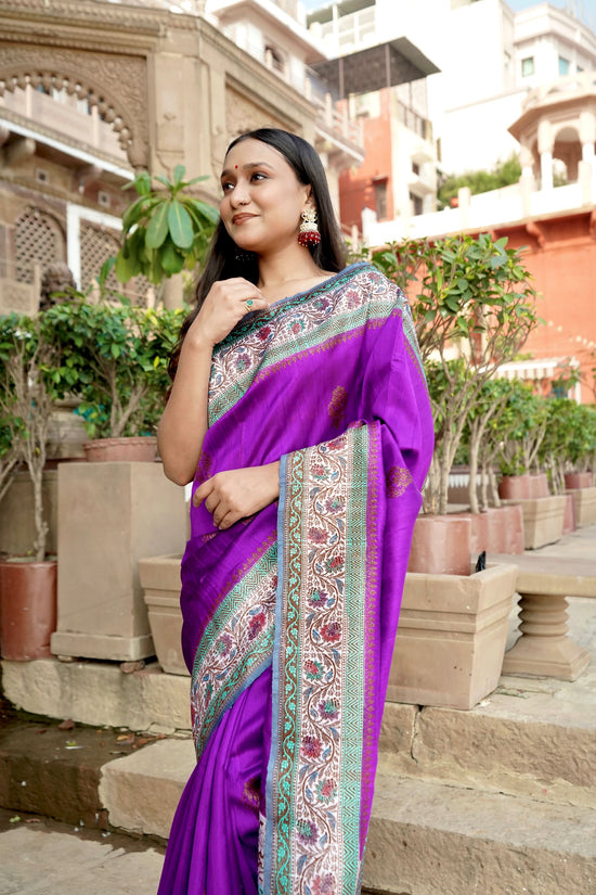 Purple Contrast Raw Silk Zari Mina Border Anchal Antique Zari Boota Saree