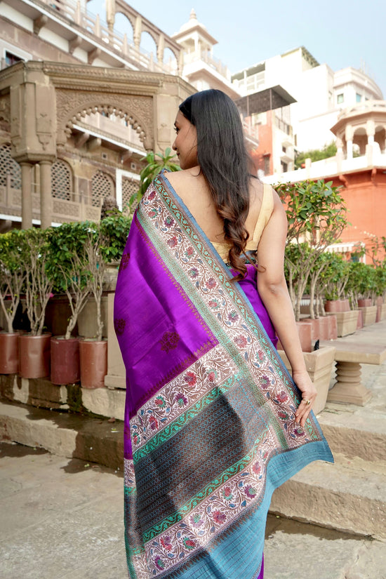 Purple Contrast Raw Silk Zari Mina Border Anchal Antique Zari Boota Saree