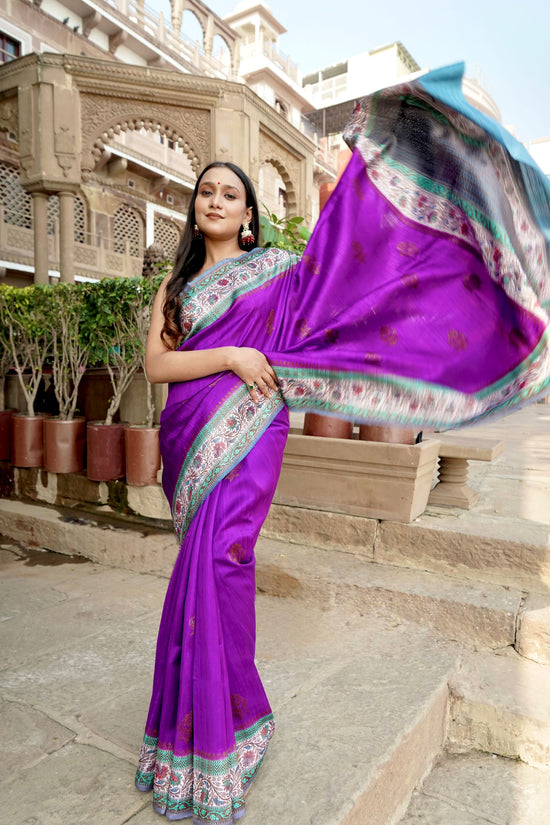 Purple Contrast Raw Silk Zari Mina Border Anchal Antique Zari Boota Saree