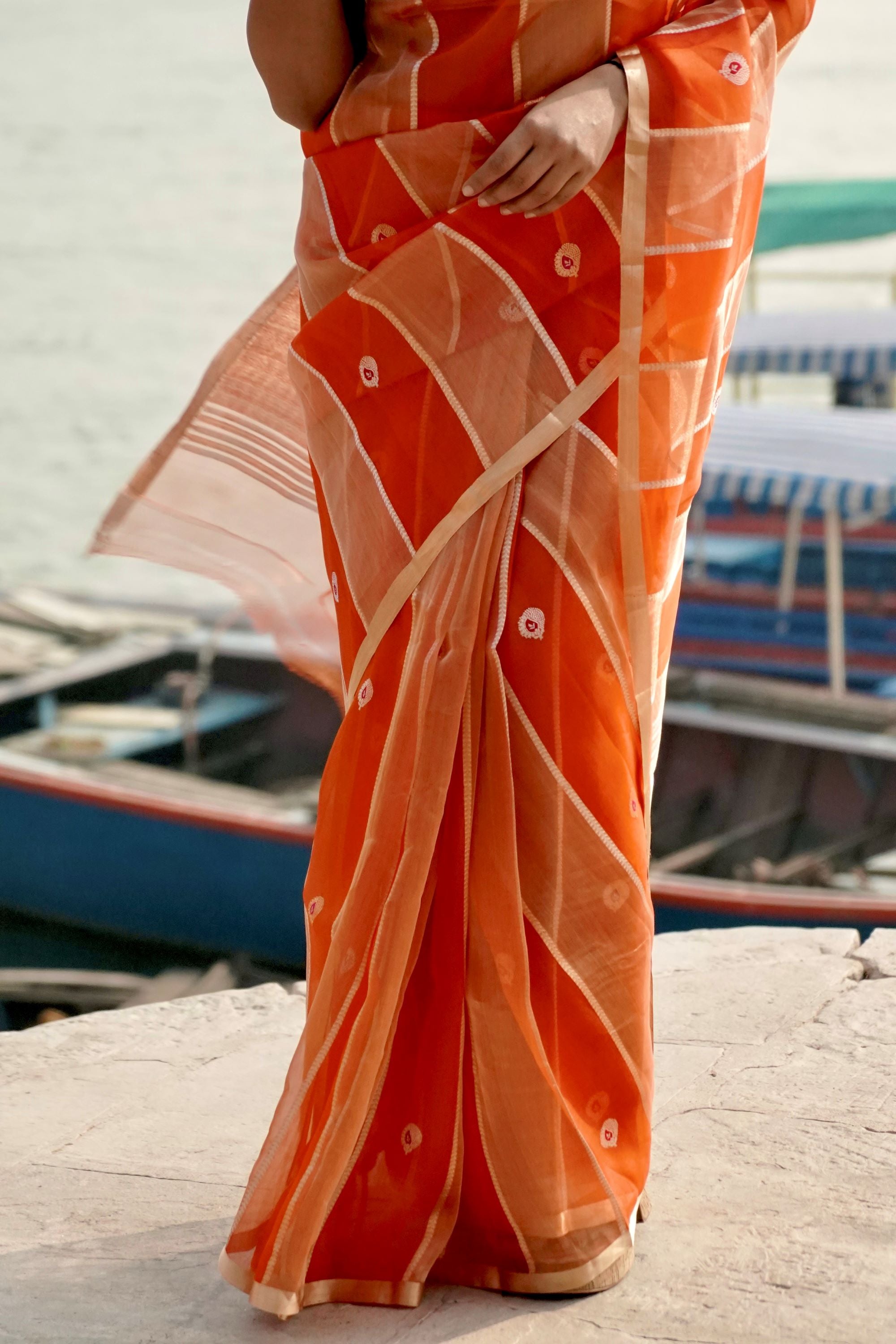 Orange Ektara Half Kora & HAlf Tissue Silk Borderless Zari Anchal Stripe Patta Booti Saree