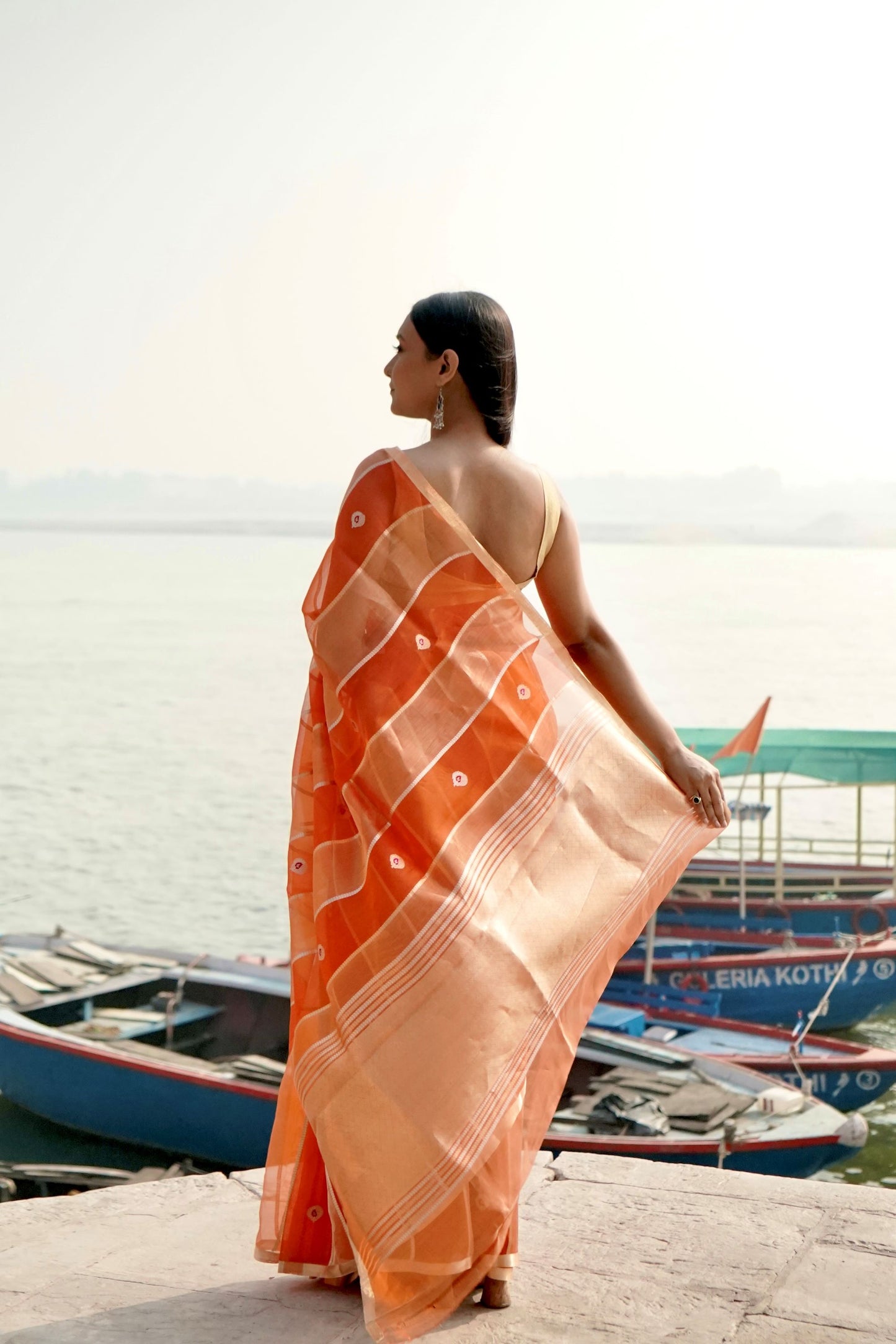 Orange Ektara Half Kora & HAlf Tissue Silk Borderless Zari Anchal Stripe Patta Booti Saree