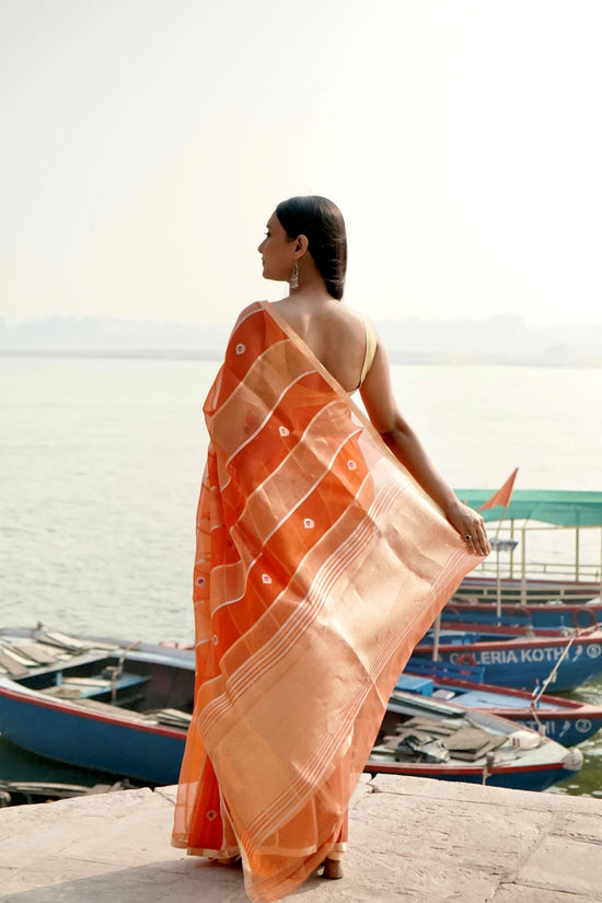 Orange Ektara Half Kora & HAlf Tissue Silk Borderless Zari Anchal Stripe Patta Booti Saree