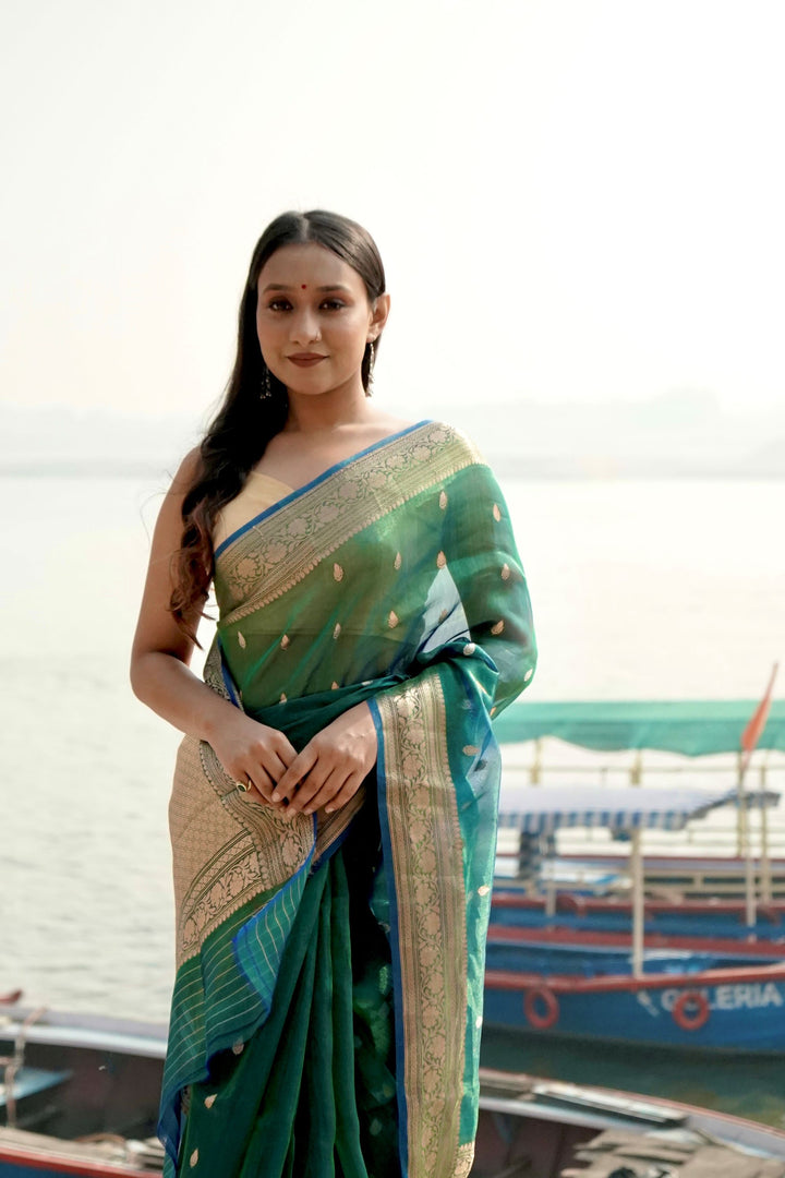 Peacock Blue Tissue Silk Banarasi Zari Border Anchal Booti Saree