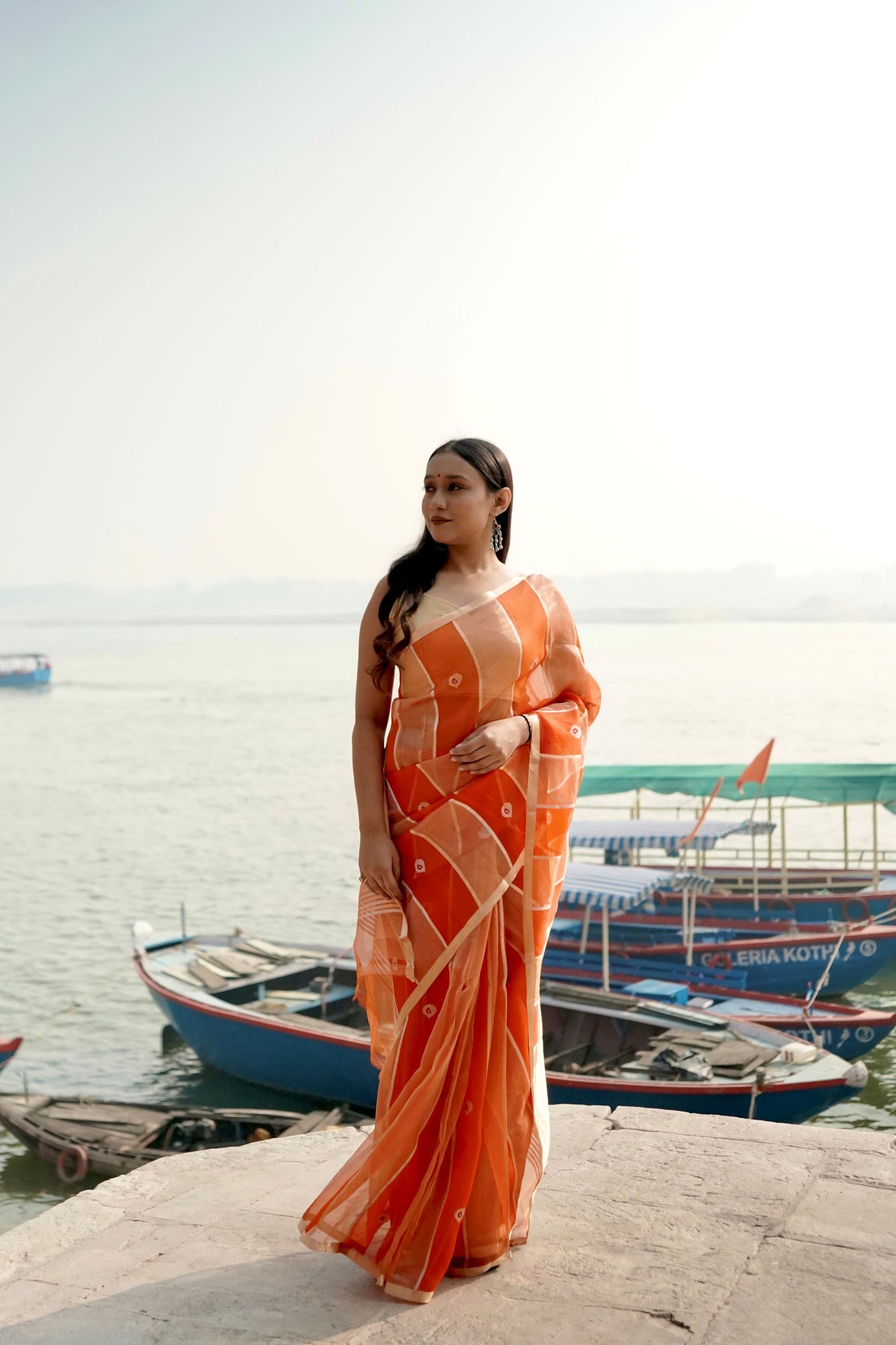 Orange Ektara Half Kora & HAlf Tissue Silk Borderless Zari Anchal Stripe Patta Booti Saree