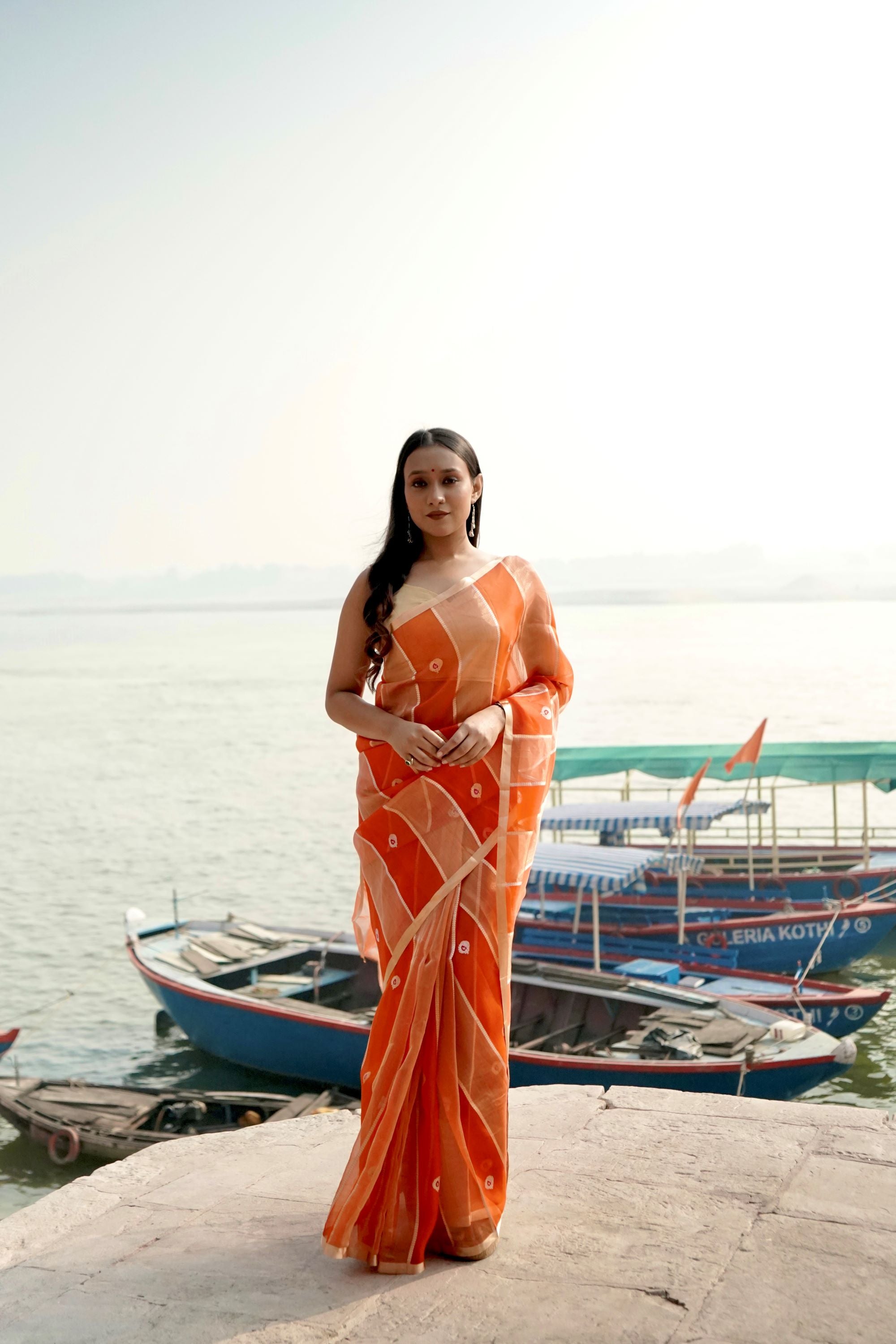 Orange Ektara Half Kora & HAlf Tissue Silk Borderless Zari Anchal Stripe Patta Booti Saree