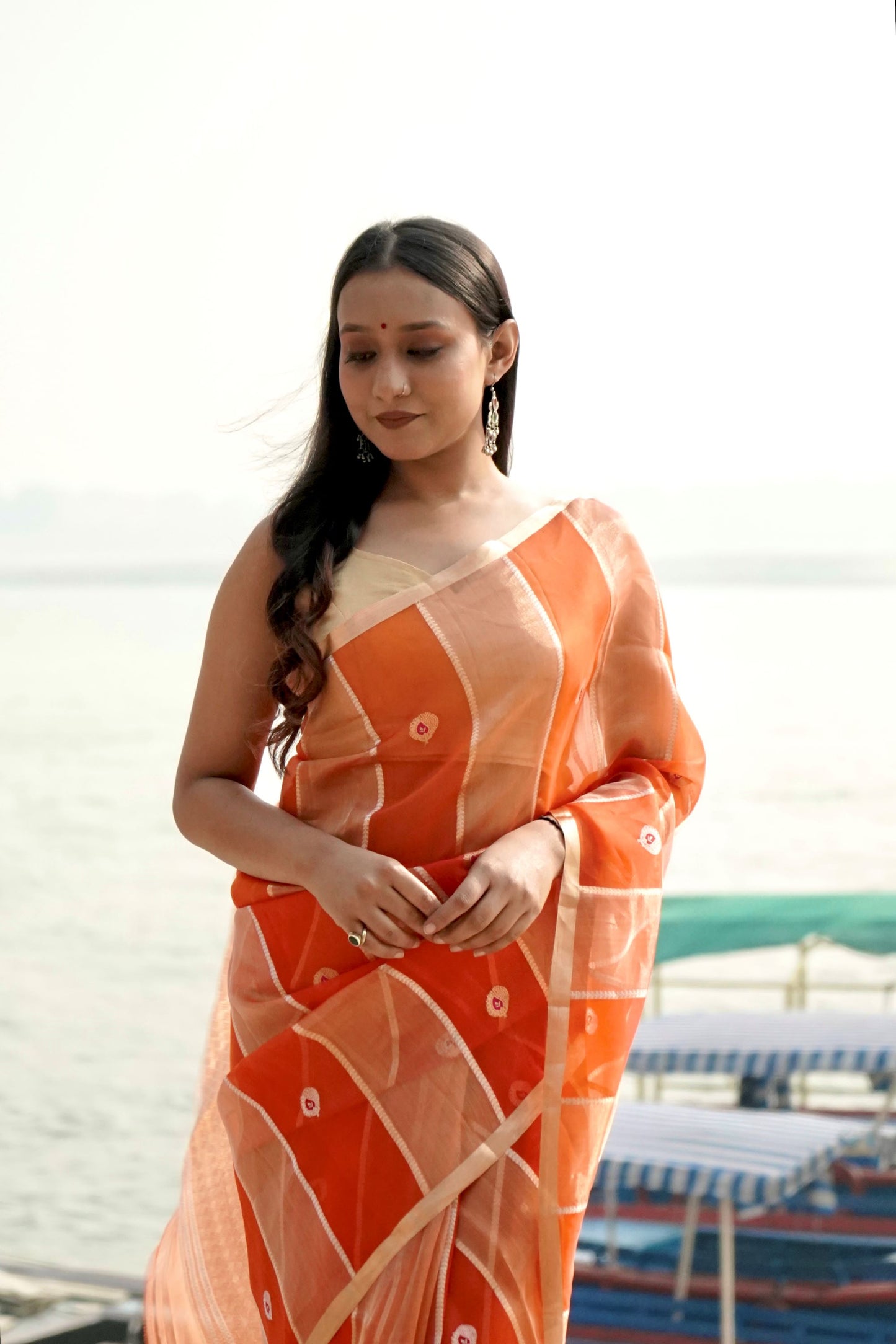 Orange Ektara Half Kora & HAlf Tissue Silk Borderless Zari Anchal Stripe Patta Booti Saree